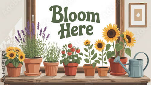 Indoor gardening ideas: sunflowers, lavender, and tomatoes in pots on a windowsill for home decor inspiration