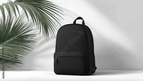 A sleek, black backpack sits on a white surface, partially obscured by a palm frond casting a soft shadow.  The bag features a small front zippered pocket and rounded shape