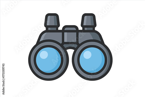 Binoculars icon for exploration, discovery, and observation. Vector spyglass for travel, hiking, bird watching. Searching, vision, and surveillance concept. Flat cartoon optical tool.