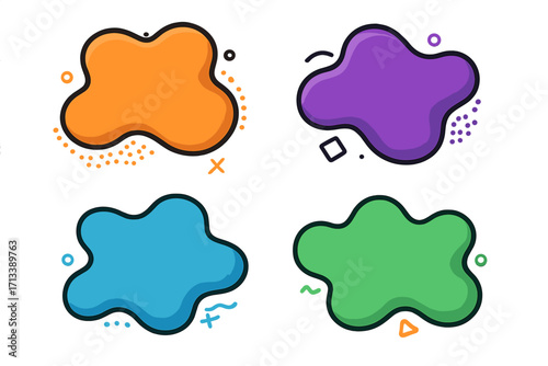 Set of colorful abstract blob shapes. Modern liquid amoeba forms for banners and text. Vector graphic element collection with doodle decoration. Cartoon sticker style design.