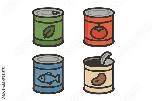 Canned food icon set in flat cartoon style. Vector illustration of tin cans with tomato, fish, bean, and vegetable symbols. Food preservation, grocery, and pantry concept.