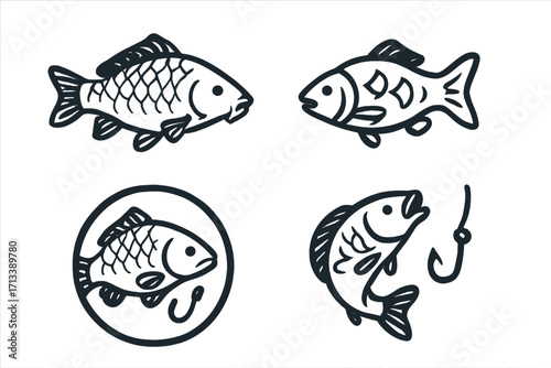 Carp fish fishing icon set. Vector cartoon logo symbol collection for seafood restaurant or angling club. Freshwater fish illustration with hook and bait. Line art design.