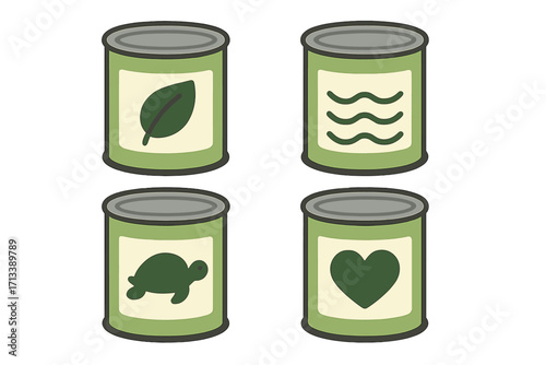 Vector illustration of canned food for charity donation. Conservation icon set. Environment, nature, wildlife protection concept. Eco tin can with leaf, water, turtle, heart.