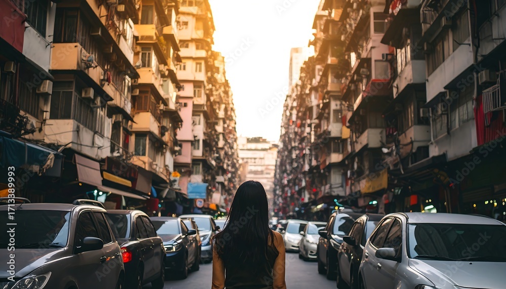 Obraz premium Woman walking down a narrow street lined with tall buildings and cars.