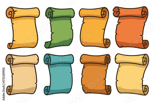 Collection of colorful rolled parchment paper. Vector set of vintage scrolls. Old cartoon manuscript for message, map or document. Ancient, medieval or fantasy design element.