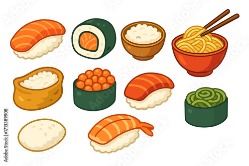 Japanese food set cartoon vector illustration. Asian cuisine collection with sushi, nigiri, maki, ramen noodles, rice bowl, salmon, shrimp. Kawaii food icon for menu.