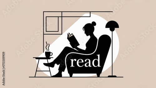 Illustration of woman reading book in armchair with coffee cup and lamp for relaxation and leisure time