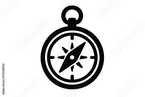 Compass icon for navigation and direction. Vector symbol for travel, adventure, and outdoor exploration. Guiding north for discovery on a journey. Nautical orientation silhouette.
