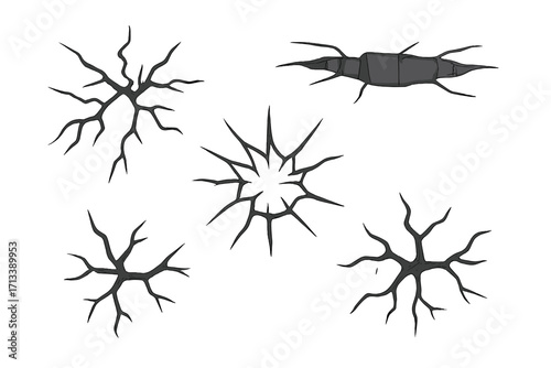 Set of cracks and holes in various shapes. Ground or wall destruction effect. Broken surface, shattered glass, or earthquake fault line. Damage vector cartoon illustration.