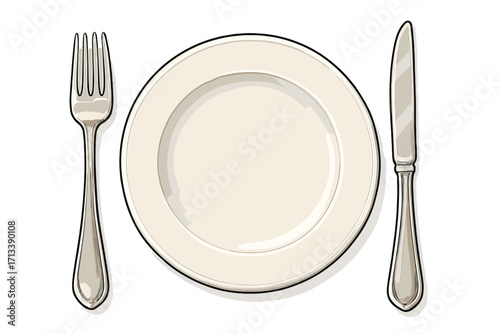 Elegant table setting with empty white plate, fork and knife. Vector illustration for dining, meal, food concept. Cutlery, silverware for restaurant menu or dinner.