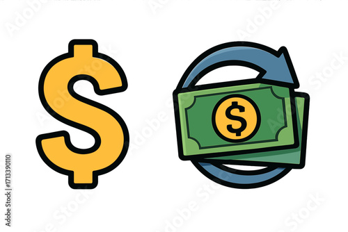 Money icon set vector. Cartoon dollar sign and cash back symbol. Concept of currency exchange, refund, payment, finance, business, reward program, savings, and earning.