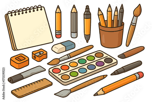 Art supplies and drawing tools collection. Vector cartoon illustration for artists and creative concepts. Isolated set with sketchbook, pencil, paint, brush, watercolor, and ruler.