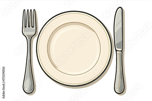 Elegant table setting with empty plate, fork, and knife. Place setting for dining, restaurant meal. Vector cartoon illustration of tableware, cutlery, flatware for dinner.