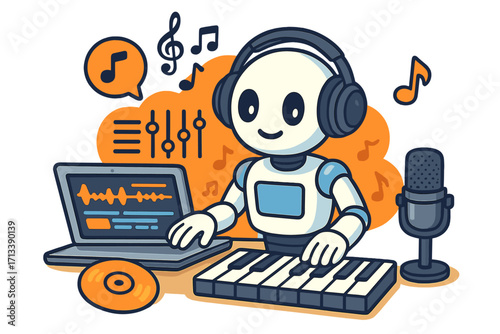 AI music creation concept. Robot character composing song with synthesizer, laptop, and microphone. Sound engineering, digital audio workstation, music production, podcast.
