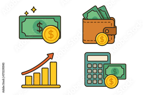 Finance icon set for business success and economic growth. Vector concepts of money, investment, savings, and profit with wallet, calculator, and upward arrow chart.