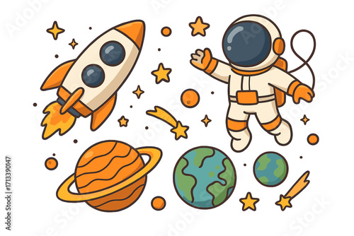 Cute cartoon astronaut in space with rocket, planets, and stars. Vector illustration set for kids. Spaceman, spaceship, Earth, Saturn, and comets collection for science.