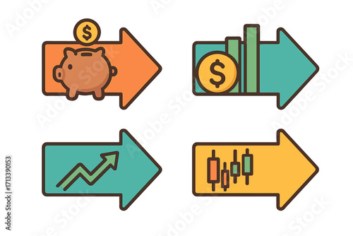Finance icon set vector. Piggy bank for savings. Candlestick for trading. Arrow graph for growth. Money, investment, profit, stock market. Flat cartoon illustration.