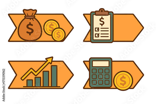 Finance icons set for business. Money concepts vector. Financial growth, investment, and savings. Profit chart graph, budget planning checklist, and wealth calculation.