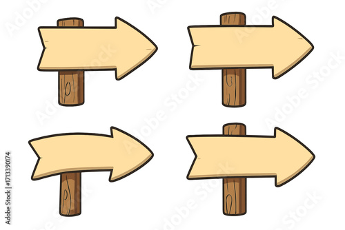 Collection of cartoon wooden arrow signs pointing right. Blank rustic signboard for navigation and direction. Empty wood plank for message or information. Vector set.