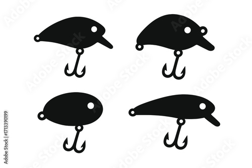 Fishing lure silhouette icon set. Wobbler and crankbait vector collection. Angling and fisherman sport equipment. Fish bait graphic with treble hook. Artificial tackle concept.