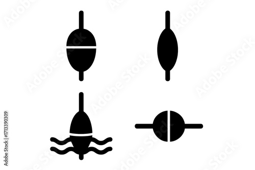 Fishing float bobber vector icon set. Simple silhouette graphic of angling tackle equipment. Fisherman gear elements for hobby or sport. Isolated collection on white background.
