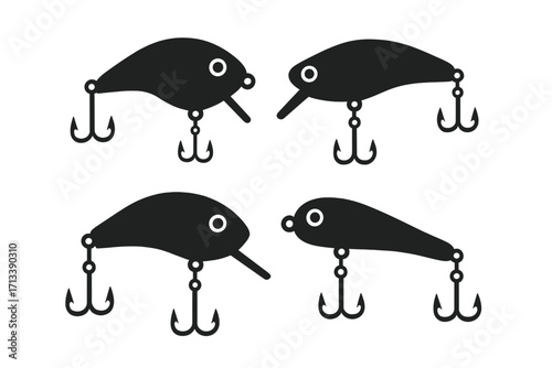 Fishing lure vector silhouette set. Angling sport icon collection. Black fish bait graphic with treble hooks. Fisherman tackle equipment, wobbler, crankbait design element.