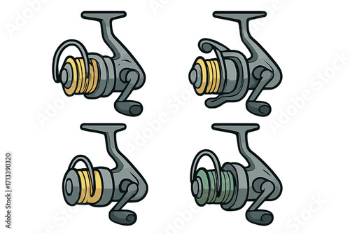 Fishing reel icon set. Spinning reel vector illustration. Cartoon style fishing equipment symbol for sport or hobby. Fishing gear, tackle and line for angling. Fisherman tool.