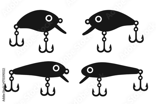 Set of fishing lure icons. Black silhouette of crankbait or wobbler with treble hooks. Vector illustration of fish bait and tackle for angling. Fisherman equipment symbols.