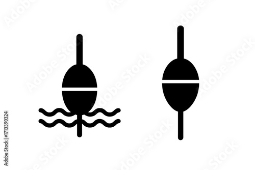 Fishing float bobber icon set. Angling gear symbol for sport and hobby. Simple minimal glyph silhouette of fishing tackle in water with waves. Vector illustration.