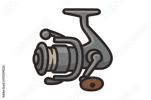 Fishing reel icon, spinning reel vector illustration. Fishing equipment sign, angling gear symbol for fisherman sport and hobby. Isolated cartoon tackle for outdoor activity.