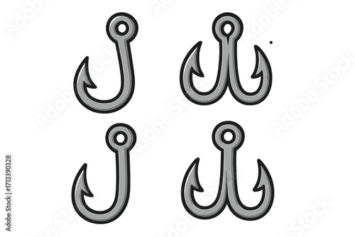 Set of fishing hook vector icons. Single and treble hooks for angling and sport fishing. Cartoon illustration of metal fishhooks, tackle, and equipment for a hobby or lure.