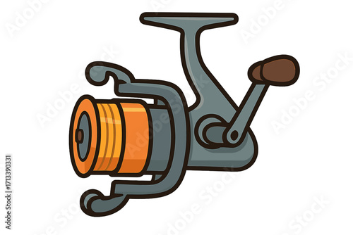 Fishing reel vector icon. Spinning reel for angling and sport fishing. Cartoon illustration of fishing equipment, gear, and tackle for hobby or recreation. Isolated symbol.
