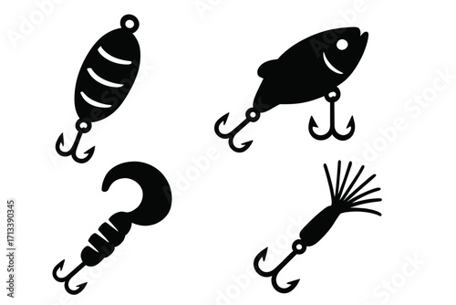 Fishing lures icon set. Angling equipment silhouette collection. Vector illustration of fish bait, spoon, jig, and crankbait for sport fishing design elements. Tackle box gear.