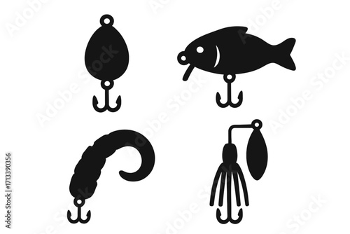 Set of fishing lures icons. Vector silhouette collection of fish baits. Spoon, wobbler, spinnerbait, and soft plastic worm. Angling equipment for sport fishing tackle.
