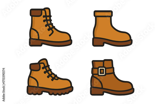 Boot collection icon set. Brown leather work boots, hiking footwear. Vector cartoon illustration. Flat design graphic element. Ankle shoe for walking, trekking, safety.