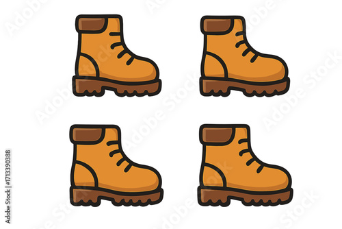 Work boot icon set. Cartoon vector illustration of safety shoes for construction and trekking. Hiking footwear symbol. Outdoor camping element. Flat design isolated graphic.