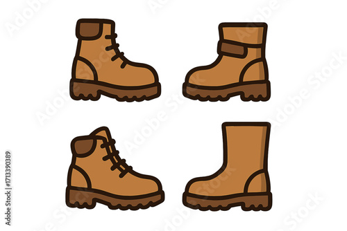 Boot icon set. Collection of work, hiking, and army footwear. Vector illustration of various brown shoes for safety, trekking, or fashion. Flat cartoon graphic design elements.