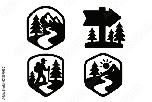 Set of hiking and outdoor adventure icons. Vector silhouette badges with mountains, forest trail, and hiker. Exploration, travel, and nature logo concepts for trekking.