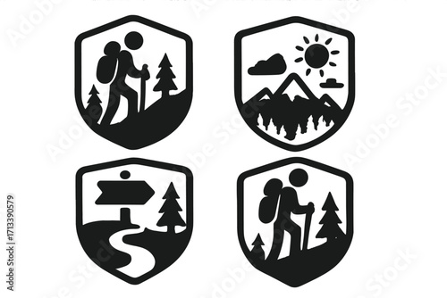 Set of hiking adventure badge icons. Vector silhouette collection of mountain explorer emblems. Outdoor travel patches with climber, trail sign, forest and sun landscape.