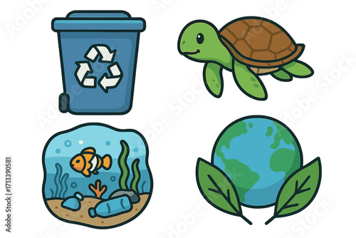 Marine conservation icon set. Ocean plastic pollution. Save the planet concept. Ecology and recycling. Earth day elements. Aquatic life protection. Sea turtle, fish, waste bin vector.
