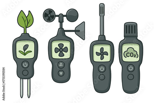 Smart agriculture tools for measuring soil moisture, wind, HVAC airflow, and CO2. Precision farming technology sensors. Environmental monitoring equipment vector illustration set.