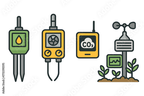 Set of smart farming icons for agriculture technology. Vector tools for measuring moisture, CO2, and weather. Precision farming sensor and monitoring equipment concept.