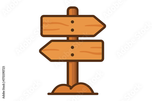 Wooden signpost with two arrows. Metaphor for choice, decision, and crossroads. Pointer showing opposite directions. Blank empty guidepost for navigation and wayfinding. Cartoon vector illustration.