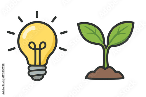 Green idea and sustainable innovation concept. Light bulb with a plant sprout metaphor for eco-friendly business growth, creativity, and new beginnings. Vector icon set.