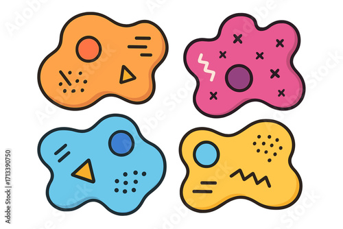 Set of abstract liquid blob shapes. Vector cartoon illustration with geometric elements. Modern retro 80s 90s Memphis style design. Colorful organic fluid amoeba forms.