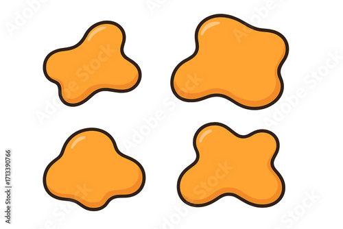 Set of liquid shapes. Vector cartoon illustration of orange drops. Glossy honey, caramel, or cheese sauce puddles. Abstract fluid blob icons isolated on transparent background.