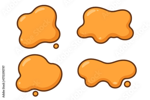 Collection of flat style liquid shapes. Glossy orange honey, caramel or sauce drips and splashes. Vector cartoon puddle and blob icons isolated. Graphic design elements.