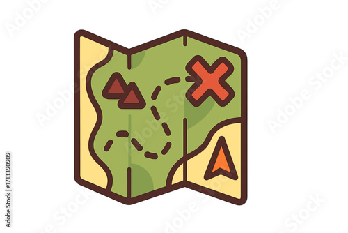 Treasure map vector icon, flat design style. Cartoon illustration for expedition, journey, and adventure. Navigation symbol with route, destination, and X marks the spot.
