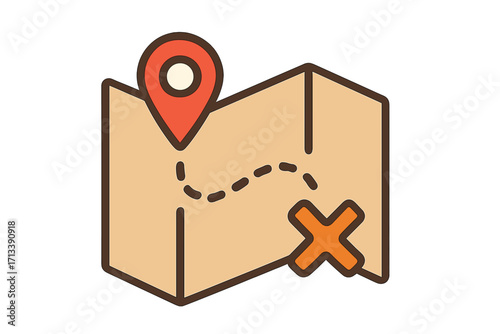 Map icon with location pin and destination route. GPS navigation symbol for travel, journey or adventure. Find the right path, x marks the spot treasure hunt concept.