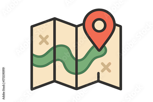 Vector map icon with location pin. Flat style illustration for travel, navigation, and destination concepts. Folded treasure map for adventure, expedition, or journey symbol.
